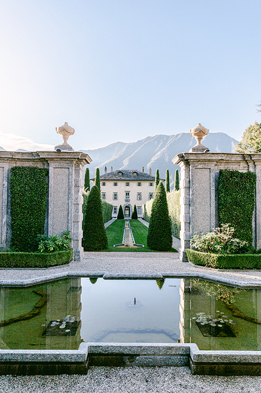 The formal gardens and façade of Villa Balbiano on Lake Como