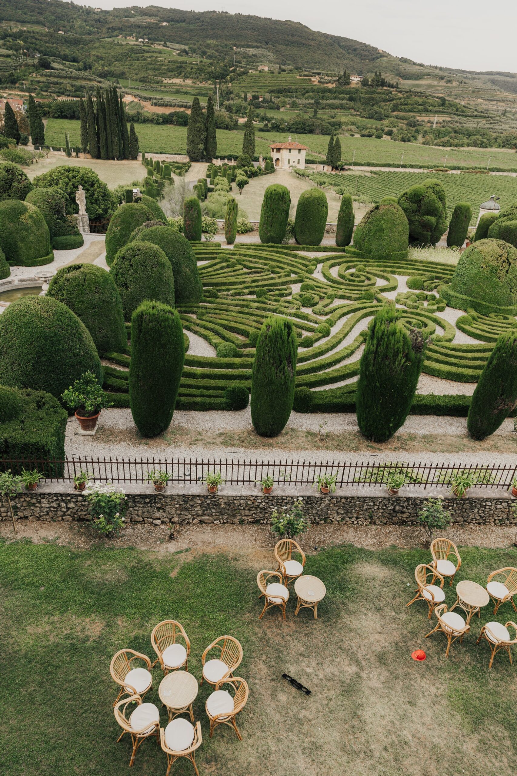 The formal gardens of Villa Arvedi photographed from above