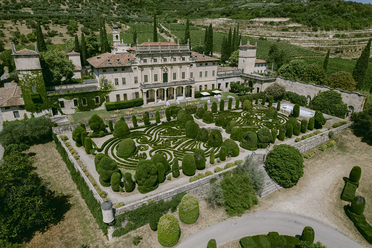 Villa Arvedi and its formal Italian gardens photographed from above