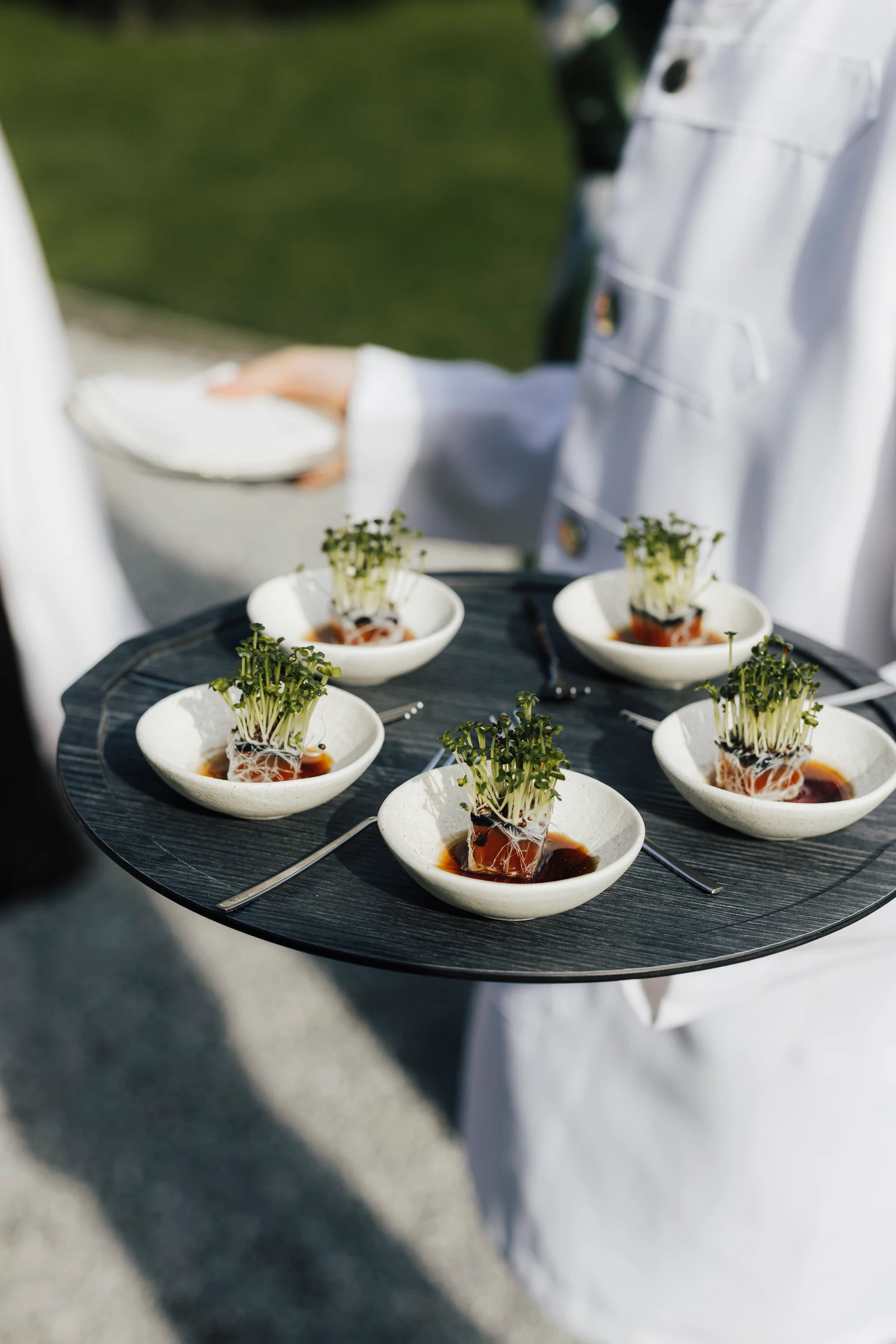 Canapés served on a tray during aperitivo at Villa Pizzo on Lake Como.